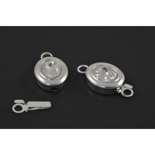 OVAL SILVER PLATED TAB LOCK CLASP WITH CLEAR CRYSTAL